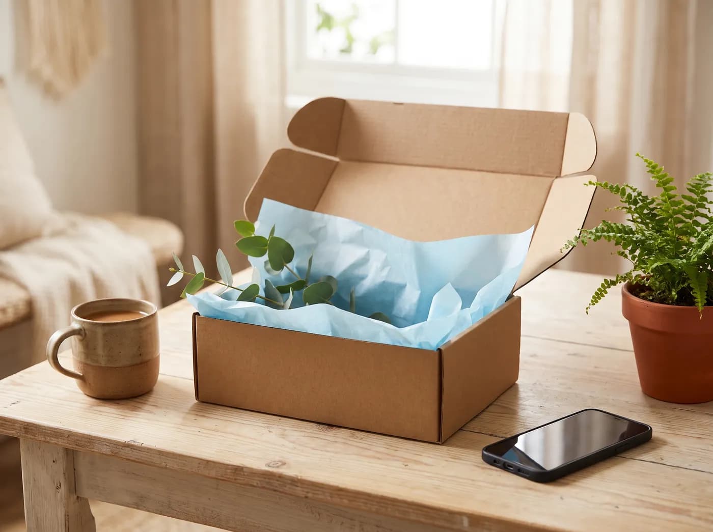 Caja de pedido con papel de seda celeste junto a un celular